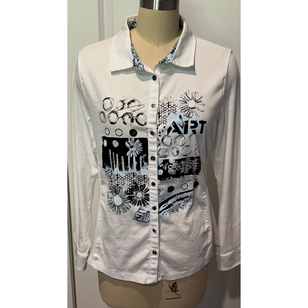 Women's Dolcezza White & Black Art Print Button Down knit Shirt L